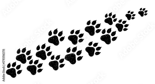 Playful paw prints trail across a clean white background, evoking joy and adventure for any pet lover's creative project.