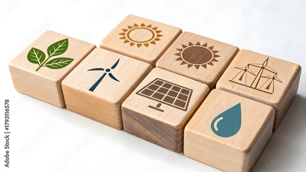 Fototapeta premium Wooden Blocks with Renewable Energy Icons