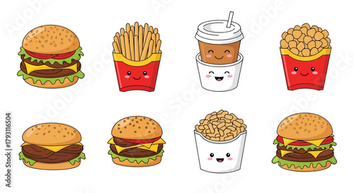 Animated fast food items featuring smiling burgers fries chicken nuggets and coffee cup