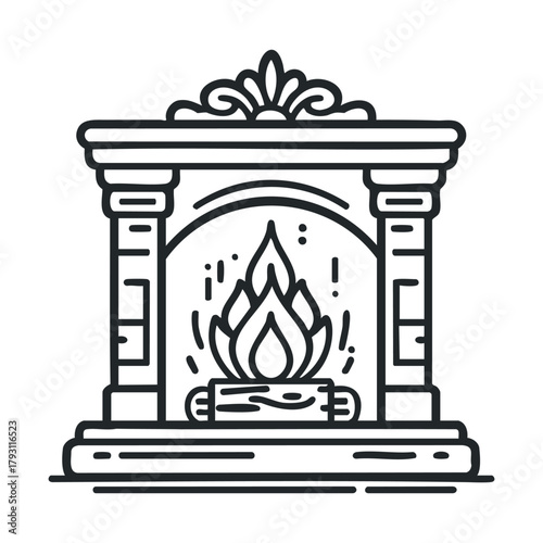 Cozy fireplace with warm flames for winter gatherings at home.Vector hand draw