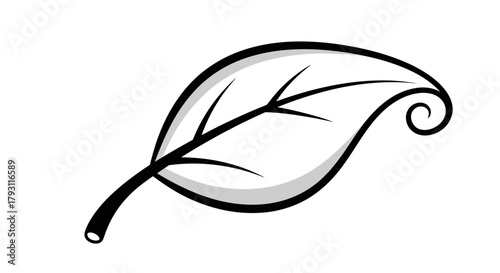Artistic representation of a single leaf in black and white with curled tip design