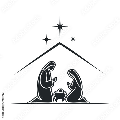Nativity scene with Mary and Joseph gazing at baby Jesus in a manger.Vector Black and white line art