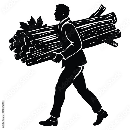 Man Carrying Wood Silhouette Illustration for Projects and Design Elements on White Background