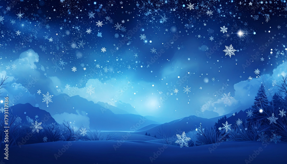 Fototapeta premium Serene winter night scene with glowing snowflakes falling against dark blue sky, creating magical bokeh effect