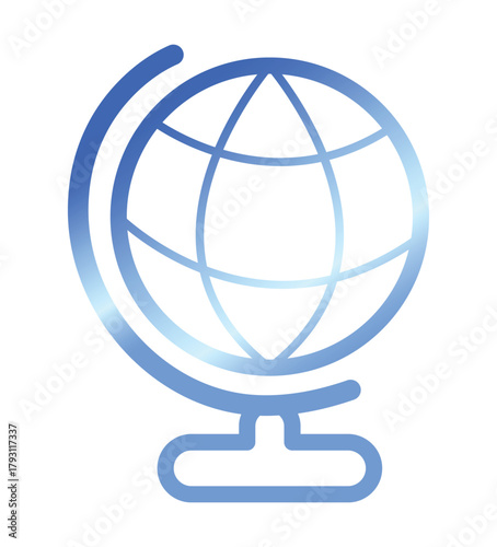A blue globe with a stand showing the world map and its continents in a simple line drawing style
