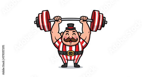 Cartoon circus strongman lifts a barbell with ease and showcases his power and strength