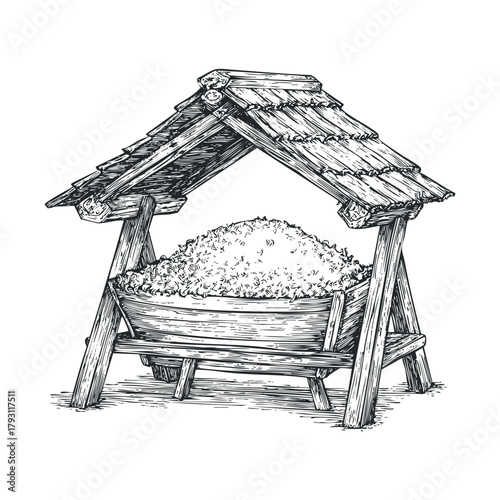 Wooden grain storage structure in a rustic setting.Vector hand draw