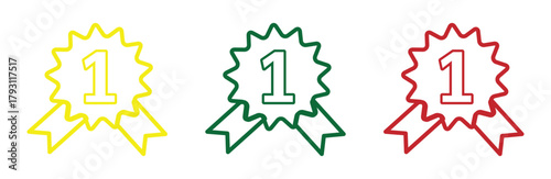 Three first place ribbons in yellow green and red isolated on a white background illustration design