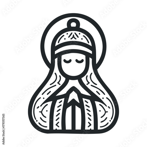 Praying woman in traditional attire for spiritual reflection and peace.Vector Black and white line art