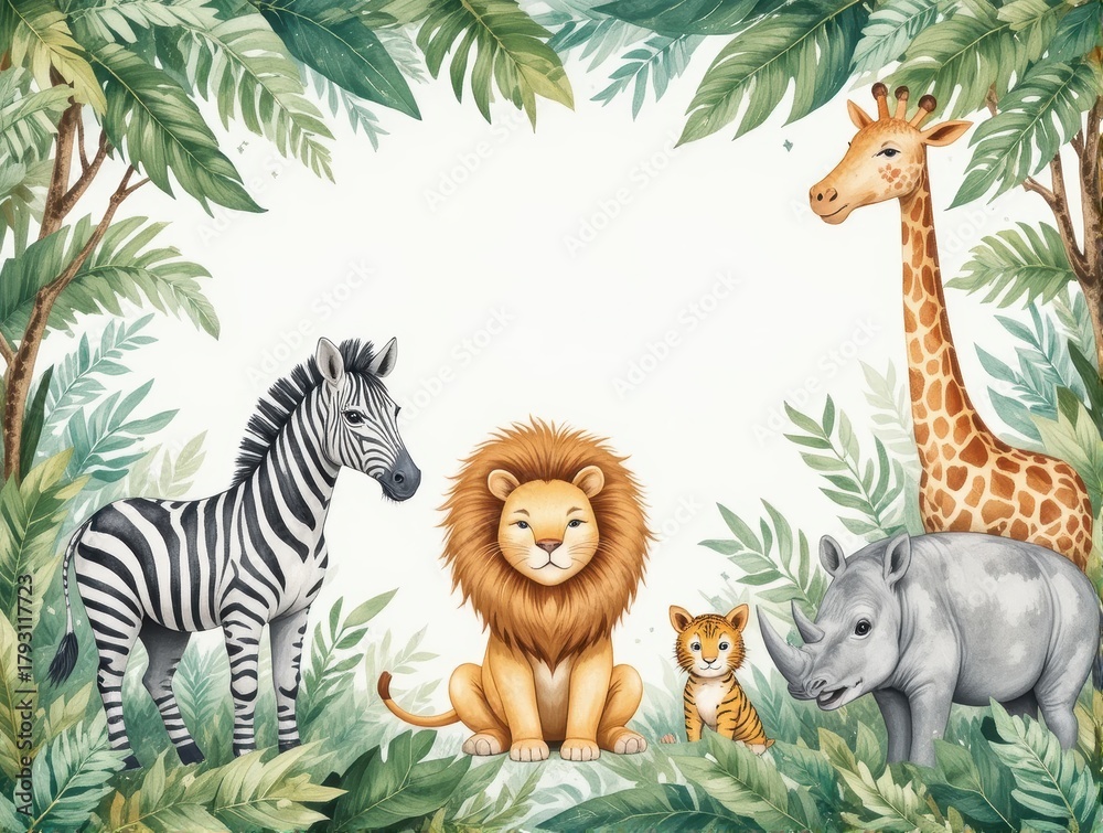 Fototapeta premium Whimsical Illustration of Jungle Animals Including Lion, Giraffe, Zebra, and Rhino Surrounded by Lush Foliage