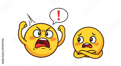 Cartoon emoticons displaying contrasting emotions of anger and worry in a humorous way