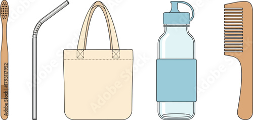 Sustainable living essentials displayed on a black background promoting eco lifestyle