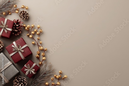 Festive holiday gifts and natural decorations are arranged artistically on a muted background