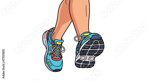 Cartoon illustration of running shoes in action conveying movement and energy for fitness