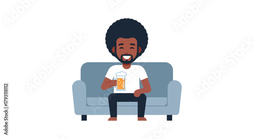 Cartoon man enjoying beer on couch creating relaxed and inviting atmosphere in leisure time