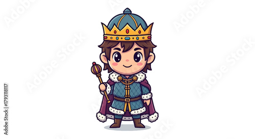 Cartoon King Illustration: A Charming Royal Figure with a Crown and Scepter Displayed Centrally