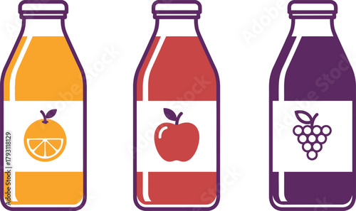 Three bottles of fresh fruit juice in orange red and purple on a black background