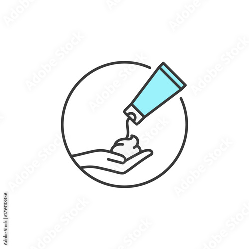 Gentle skincare icon showing hand with foaming cleanser tube—perfect for beauty product branding, hygiene tutorials, or minimalist cleansing foam logo design