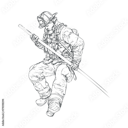 Firefighter descending a rope during a rescue operation.Vector hand draw