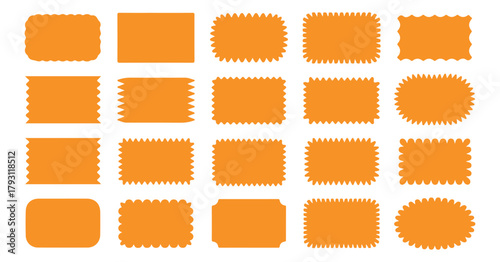 A versatile set of blank orange labels, tags, and sticker shapes with various serrated, wavy, and rounded borders