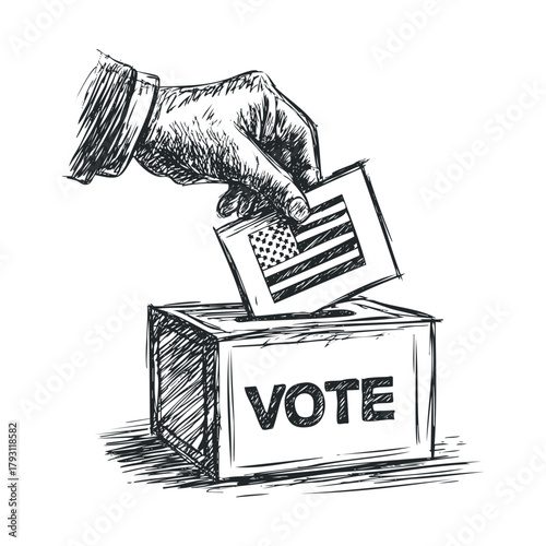 Voting process with a hand placing a ballot in a box.Vector hand draw
