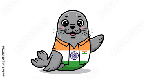 Charming cartoon seal adorned with the Indian flag shirt, waving cheerfully on a pristine white