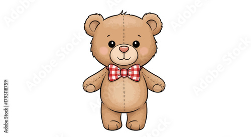 Charming Cartoon Teddy Bear Character with Red Bowtie Standing Attentively and Lovingly