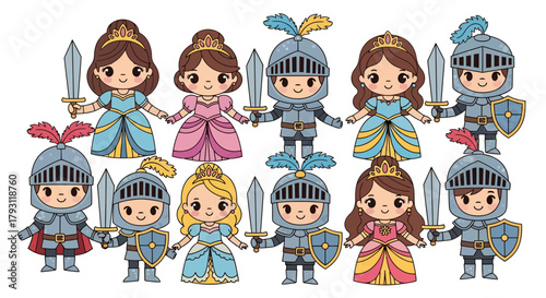Charming Cartoon Knights and Princesses, Ideal for Children's Illustrations and Fairytale Storybooks