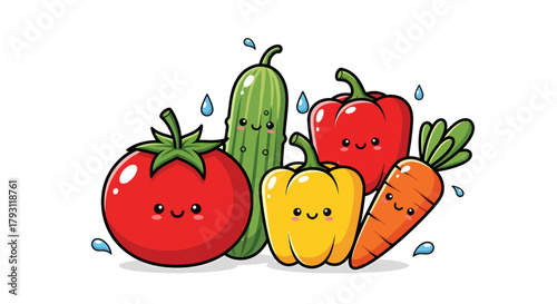 Charming Cartoon Vegetables Grouping with Adorable Smiling Faces and Fresh Water Drops