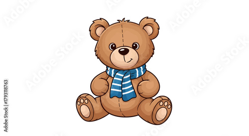 Charming cartoon teddy bear illustration wearing a stylish blue striped scarf warmly greeting us