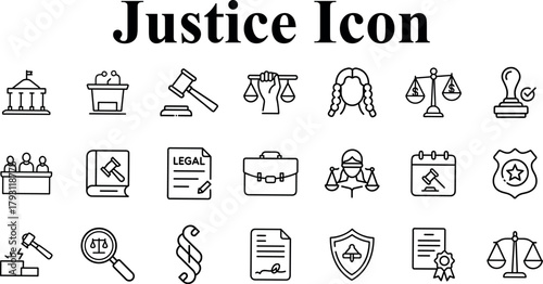 Collection of justice and law icons, including scales of justice, gavel, courthouse, judge, legal document, and badge