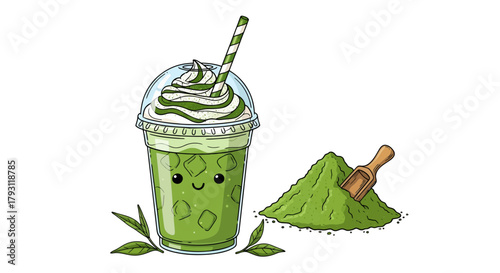 Charming matcha latte cartoon illustration with whipped cream and matcha powder delight