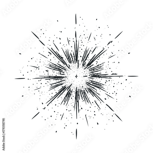 Dynamic burst of energy with explosive lines and dots.Vector hand draw