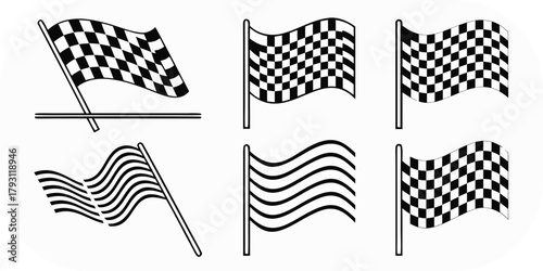 Collection of Black and White Waving and Checkered Flags on White Background racing flag motorsport