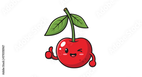 Cheerful cherry character giving a thumbs up with a playful wink on a white background