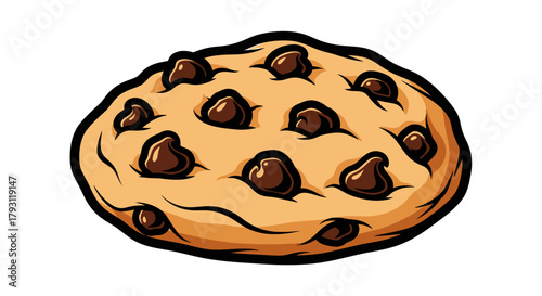 Cartoon illustration of a chocolate chip cookie with dark chocolate chips on a light brown cookie base.