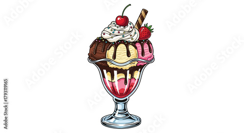 An illustration of a colorful ice cream sundae with chocolate syrup, whipped cream, cherry, strawberry, and a wafer stick.