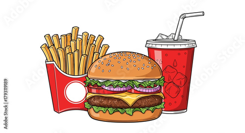 Illustration of a hamburger, fries, and a soda, a classic fast food meal.