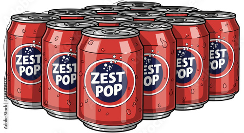 A group of red soda cans with "Zest Pop" labels arranged in a cluster, partially overlapping.