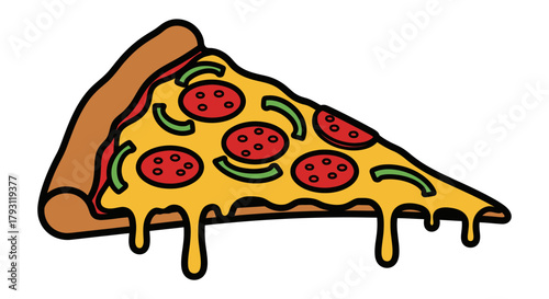 Cartoon illustration of a pizza slice with pepperoni, peppers, and dripping cheese.