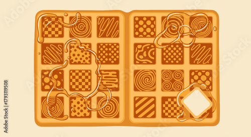 A detailed illustration of a waffle with various intricate patterns and syrup.