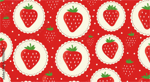 A delightful strawberry pattern featuring strawberries in white lace circles on a red background, perfect for adding a touch of sweetness and charm to any design