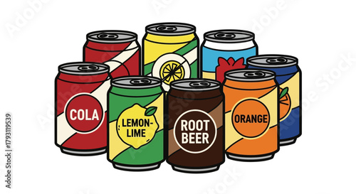 Illustration of eight soda cans with different flavors, including cola, lemon-lime, root beer, and orange, arranged on a white background.