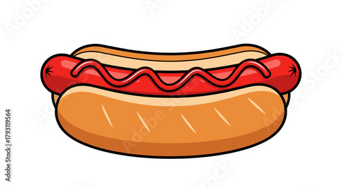 Cartoon illustration of a hot dog with a red sausage and ketchup in a bun, isolated on white.