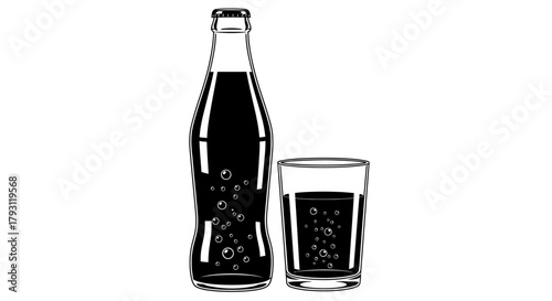 Illustration of a full bottle and glass of dark, bubbly soda on a white background.