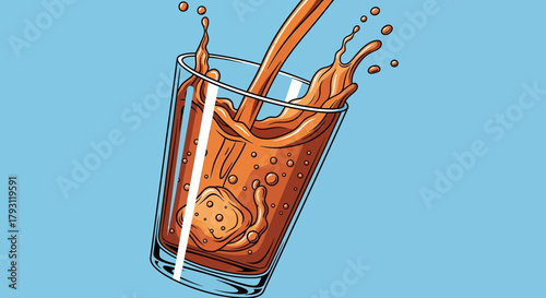 Liquid being poured into a glass with ice, creating a splash against a blue background.