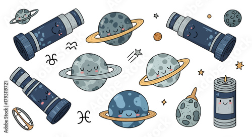 Delightful cosmic pattern featuring planets, telescopes, and celestial charm for kids design