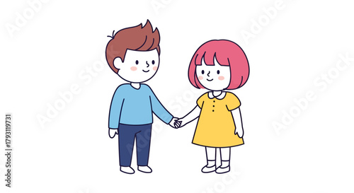 Delightful illustration showcasing the tender bond between a boy and a girl together holding hands
