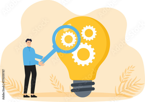 Product development and research and optimization for new product launch development process, management or productivity, businessman with magnifying glass with light bulb idea with gears.
