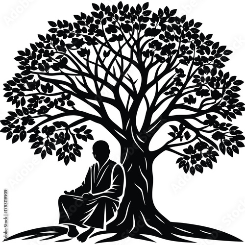Meditating Monk Silhouette Beneath a Detailed Tree for Peace and Tranquility on White Background